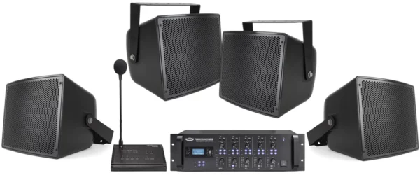 Pure Resonance Audio Warehouse Sound System with 4 S10 All-Weather Stadium Loudspeakers, RZMA240BT Multi Zone Bluetooth Mixer Amplifier & PMZ16 Paging Microphone - Pure Resonance Audio