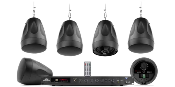 Pure Resonance Audio Small Restaurant Sound System Featuring 6 Pendant Speakers & Rack Mount Bluetooth Mixer Amplifier - Pure Resonance Audio