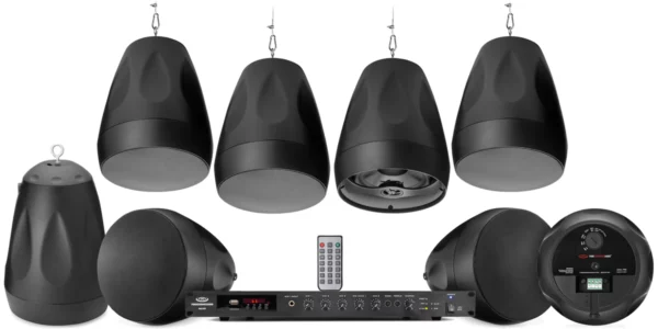 Pure Resonance Audio Restaurant Sound System Featuring 8 Pendant Speakers & Rack Mount Bluetooth Mixer Amplifier - Pure Resonance Audio