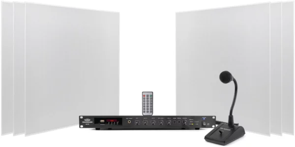 Pure Resonance Audio Paging Sound System with 6 SP8 Drop Tile Ceiling Speakers, RMA120BT Rack Mount Bluetooth Mixer Amplifier & PTT1 Push-to-Talk Microphone - Pure Resonance Audio