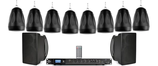 Pure Resonance Audio Retail Store Sound System Featuring 2 Indoor/Outdoor Surface Mount Speakers, 8 Pendant Speakers & Rack Mount Bluetooth Mixer Amplifier - Pure Resonance Audio