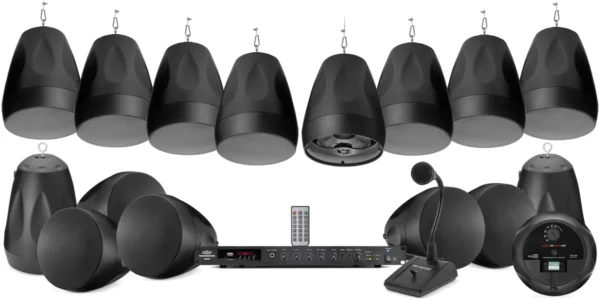 Pure Resonance Audio Warehouse Sound System Featuring 16 Pendant Speakers, Rack Mount Bluetooth Mixer Amplifier & Push-to-Talk Microphone - Pure Resonance Audio