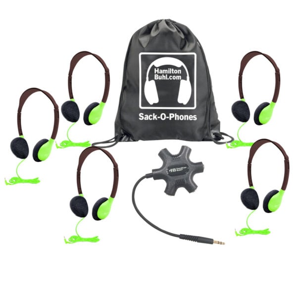 Galaxy™ Econo-Line of Sack-O-Phones with 5 Green Personal-Sized Headphones, Starfish Jackbox and Carry Bag - Hamilton Electronics Corp.