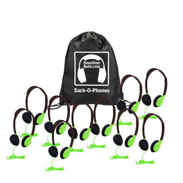 HamiltonBuhl Sack-O-Phones, 10 Personal Headphones in Green in a Carry Bag - Hamilton Electronics Corp.