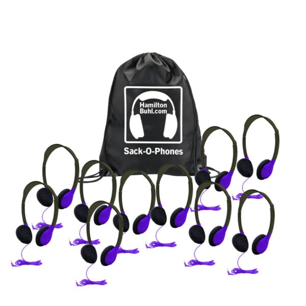 HamiltonBuhl Sack-O-Phones, 10 Personal Headphones in Purple in a Carry Bag - Hamilton Electronics Corp.