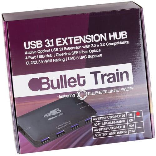 Bullet Train USB 3.1 Gen 1 Fiber Optic Extension Cable with 4-Port Hub (131.2') - Bullet Train
