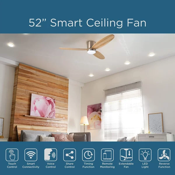 ONE Smart Ceiling Fans OHCF03-NT 52 in. WIFI 3-Blade Smart Ceiling Fan with Reversible Motor, 6 Speeds and 3 Color Temperatures, App Control, Natural Wood - Promounts
