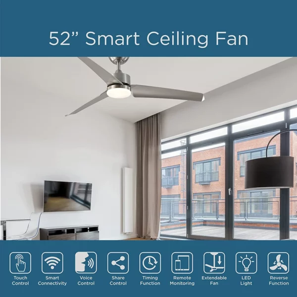 ONE Smart Ceiling Fans OHCF03-MT 52 in. WIFI 3-Blade Smart Ceiling Fan with Reversible Motor, 6 Speeds and 3 Color Temperatures, App Control, Satin Nickel - Promounts
