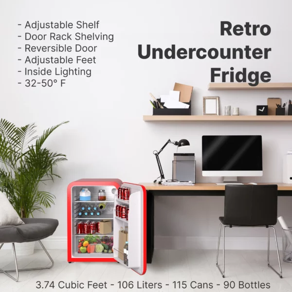 Husky OSFR004-RL Retro Style 3.74 cu. ft. Freestanding Under-Counter Mini Fridge in Red without Freezer - Husky