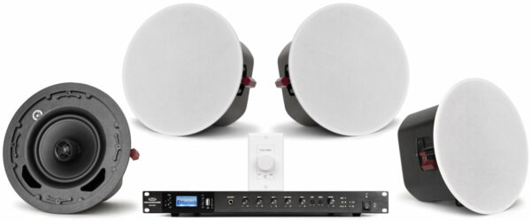 Pure Resonance Audio CFSS-4C6RMA240BTVC100W Conference Room Sound System Featuring 4 C6 6.5" 70V Ceiling Mount Speakers, RMA240BT 240W Rack Mount Mixer Amplifier & VC100W Volume Control - Pure Resonance Audio