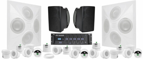 Pure Resonance Audio HSSS-2SD420C32S5RZMA240BT Hospitality Sound System Featuring 2 SD4 2x2 Speakers, 20 C3 3" 70V Ceiling Speakers, 2 S5 4.5" 70V Outdoor Speakers & RZMA240BT 240W Zone Mixer Amp - Pure Resonance Audio