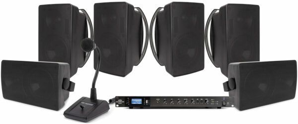 Pure Resonance Audio PASS-6S6RMA500BTPTT1 Public Address Sound System Featuring 6 S6 6.5" 70V Outdoor Surface Mount Speakers, RMA500BT Rack Mount Bluetooth Mixer Amplifier & PTT1 Paging Mic - Pure Resonance Audio