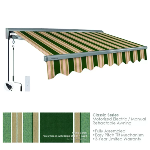 Advaning EA1008-A230H Classic Series Retractable Awning 10X08, Electric Retractable, Forest Green with Beige Stripes - Advaning