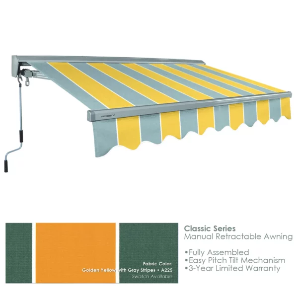 Advaning MA0807-A225H Classic Series Retractable Awning 08x07, Manual Retractable, Sunny Yellow with Gray Stripes - Advaning