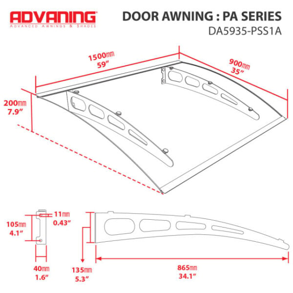 Advaning DA7935-PSS1A PA Series Solid Polycarbonate Awning 79x35in, Clear Solid Sheet - Advaning