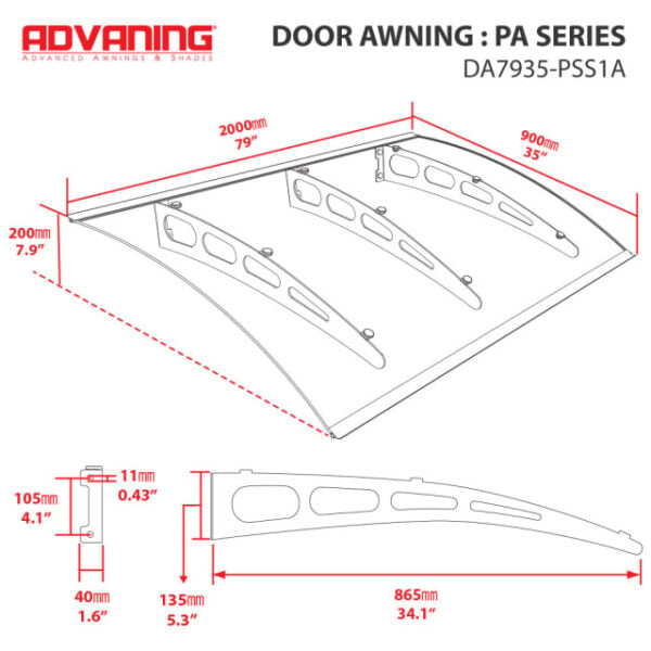 Advaning DA9435-PSS1A PA Series Solid Polycarbonate Awning 94x35in, Clear Solid Sheet - Advaning
