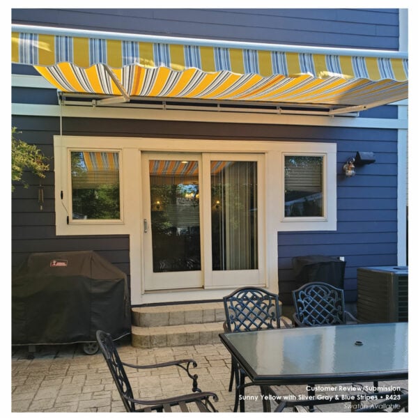 Advaning EA1410-A423H2 Luxury Series Retractable Awning 14x10, Electric Retractable, Sunny Yellow with Silver Gray+Blue stripes - Advaning