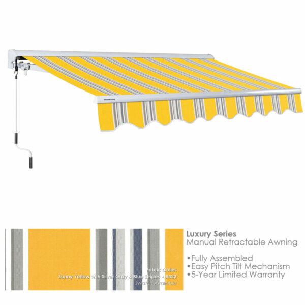 Advaning MA1210-A423H2 Luxury Series Retractable Awning 12x10, Manual Retractable, Sunny Yellow with Silver Gray+Blue stripes - Advaning