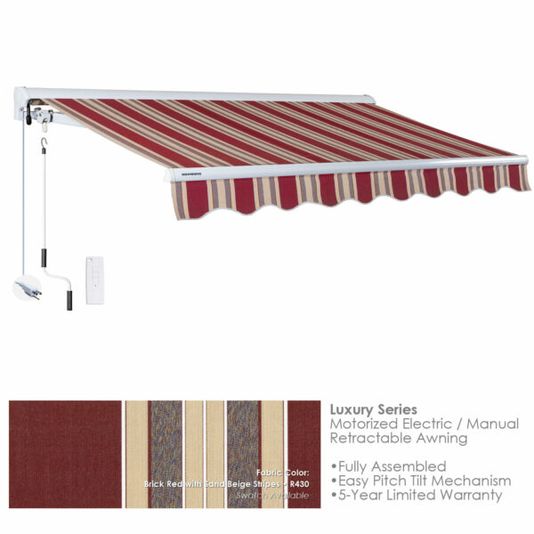Advaning EA1610-A430H2 Luxury Series Retractable Awning 16x10, Electric Retractable, Brick Red with Sand Beige Stripes - Advaning