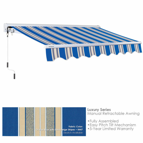 Advaning MA1008-A447H2 Luxury Series Retractable Awning 10x08, Manual Retractable, Ocean Blue with Sand Beige Stripes - Advaning