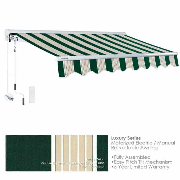 Advaning EA1410-A808H2 Luxury Series Retractable Awning 14x10, Electric Retractable, Garden Green with Sand Beige Stripes - Advaning