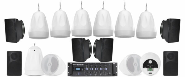 Pure Resonance Audio WHSS-10PD6W6S5RZMA240BT Warehouse Sound System Featuring 10 PD6W 6.5" 70V Pendant Speakers, 6 4.5" Indoor/Outdoor Surface Mount Speakers & RZMA240BT 240W Zone Mixer Amplifier - Pure Resonance Audio
