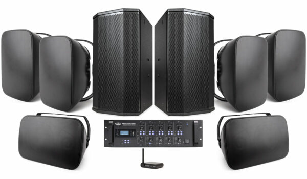 Pure Resonance Audio FTSS-2P1106S81RZMA240BTBTR1 Fitness Music Sound System Featuring 2 P110 10" PA Speakers, 8 S8.1 8" Speakers, RZMA240BT 240W Zone Mixer Amp & BTR1 Bluetooth Wireless Receiver - Pure Resonance Audio