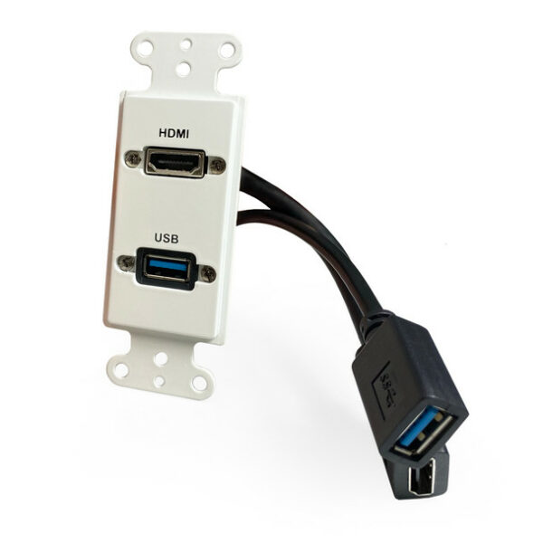 Comprehensive WPD-HD-U3A-AW HDMI and USB-A 3.0 Pass Thru single gang Decorative Wallplate w/ pigtail- White - Comprehensive