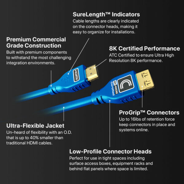 Comprehensive MHD48G-9PROBLU Pro AV/IT Integrator Series MicroFlex 48G 8K HDMI Cable 9 feet- Blue - Comprehensive