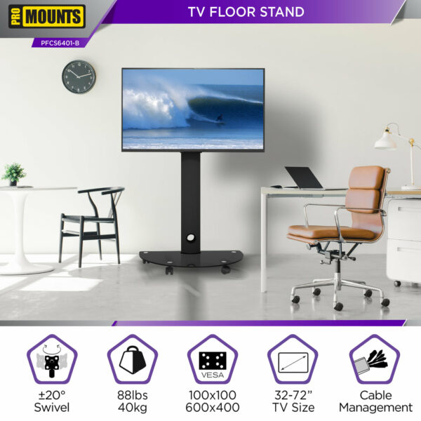 ProMounts PFCS6401-B Mobile TV Stand Mount for 32” to 72” Screens, Holds up to 88lbs - Promounts