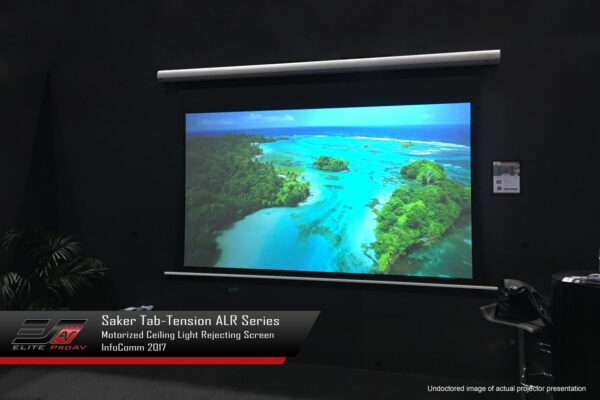 Elite Screens SKT150XH2D5-E6 Elite ProAV® Saker Tab-Tension CineGrey 5D®, 150" Diag. 16:9, Electric Tab-Tensioned Ceiling Ambient Light Rejecting (CLR®/ALR) Projector Screen - Elite Screens Inc.